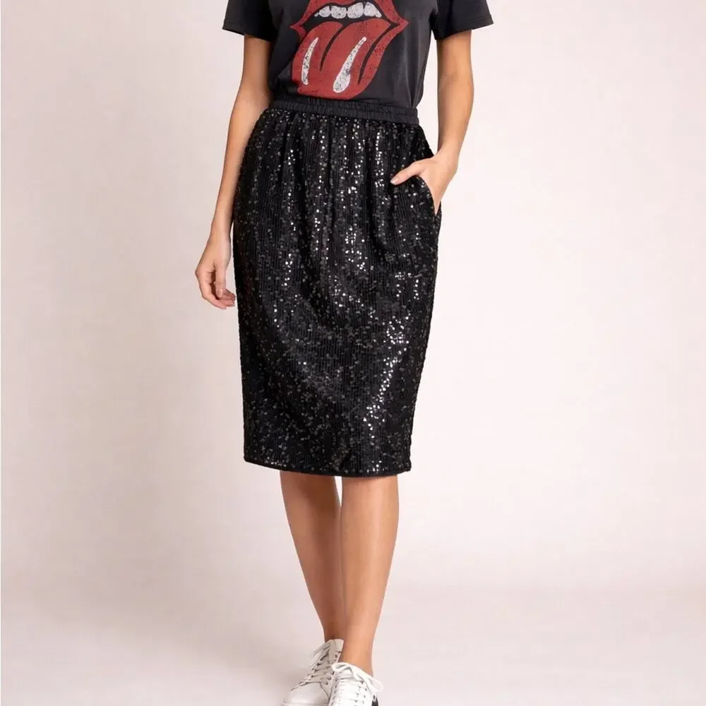 Vintage Albert Paul Black Sequin Silk Pencil Skirt Womens Sz M Knee Length Glam